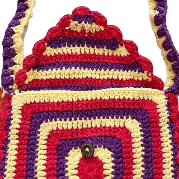 Hand Crafted Granny Square Kids Purse Red Yellow Wood Button Closer Kidcore - Picture 3 of 10